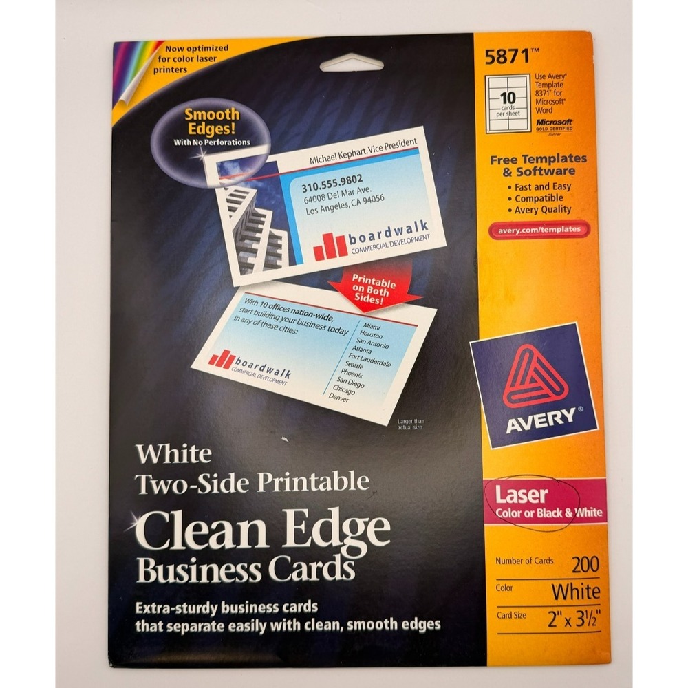 Avery 5871 Clean Edge Business Cards Laser Printable 2-Sided White 200 Cards